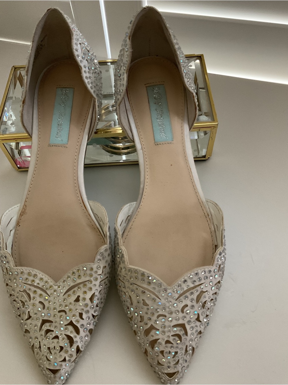 Betsey Johnson white/ silver Crystal-Embellished Pointed D'Orsay Flats